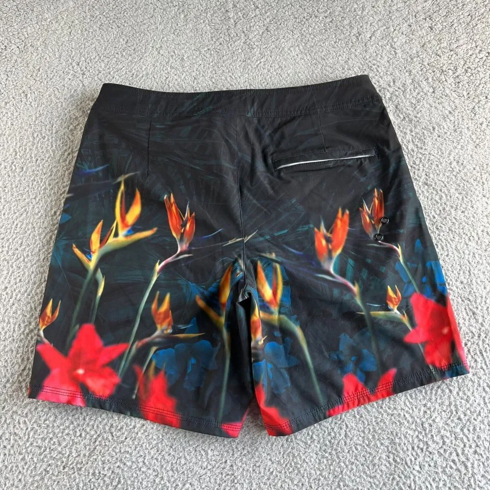 NEW American Eagle Board Shorts Mens Medium Black Red Floral‎ Swim Trunks Hawaii